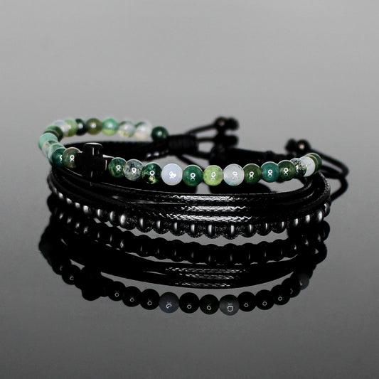 2231 Men’s Black Cross Multi-Layer Bracelet with Moss Agate and Matte Black Hematite