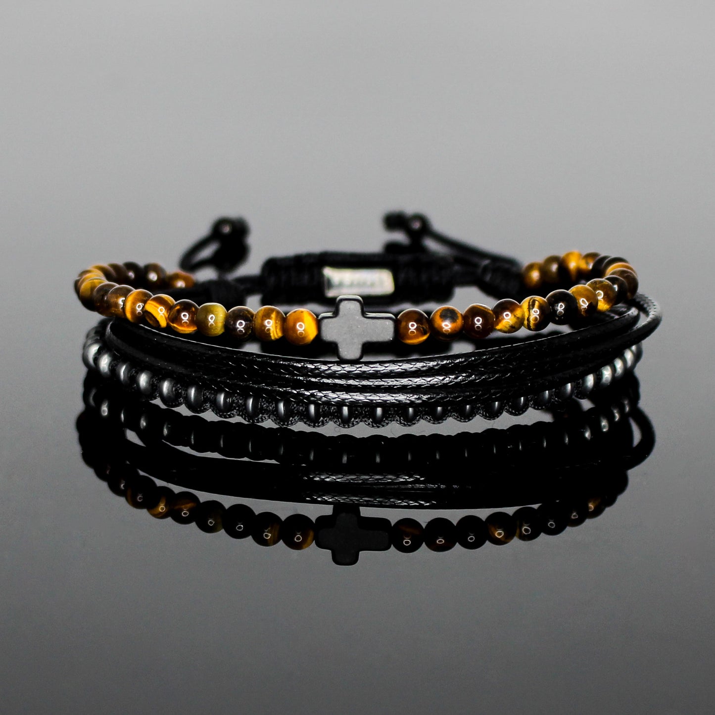 2230 Men’s Black Cross Multi-Layer Bracelet with Tiger’s Eye and Matte Black Hematite