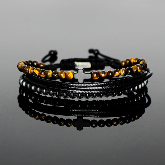 2230 Men’s Black Cross Multi-Layer Bracelet with Tiger’s Eye and Matte Black Hematite