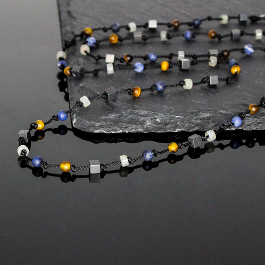 11121 Men's Minimalist Hand-Knotted Necklace with Matte Hematite, Matte Dark Blue Sodalite, Matte Tiger’s Eye and Labradorite