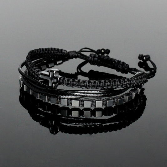 2240 Men’s Multi-layer Bracelet with Matte Cube Hematite and Cross