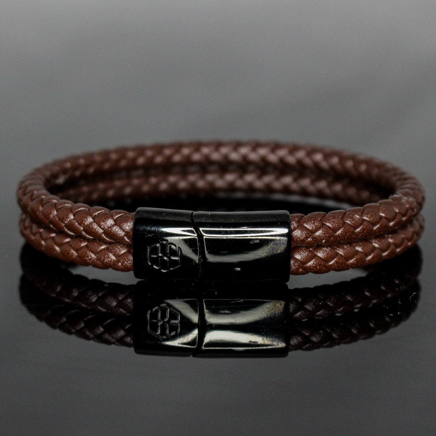 4035 Men’s Double-Layer Brown Round Leather Bracelet with Black Slide Clasp