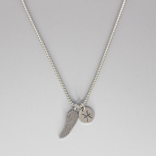 13209 Men’s Zodiac Pisces with Archangel Wing Double Pendant Necklace