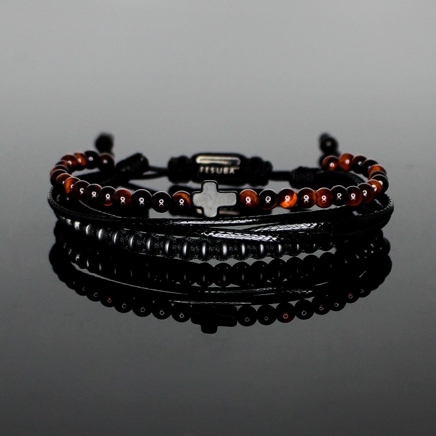 2233 Men’s Black Cross Multi-Layer Bracelet with Red Tiger’s Eye and Matte Black Hematite