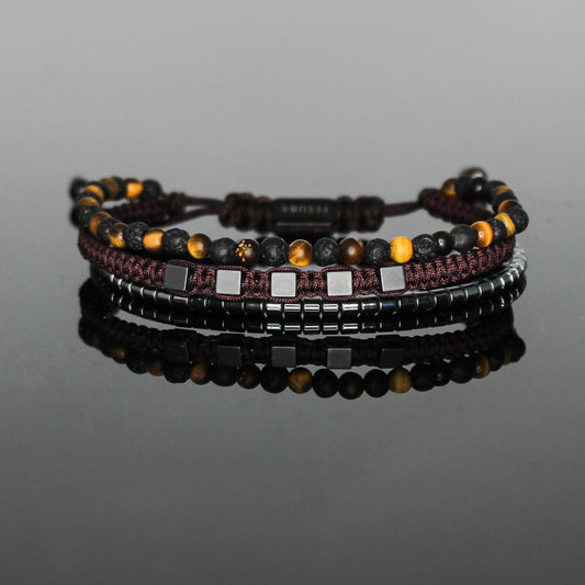 2217 Men’s Multi-layer Bracelet with Lava Stone, Matte Tiger’s Eye and Hematite
