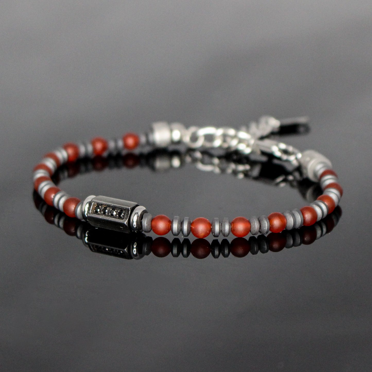 2031 Men’s Minimalist Matte Red Agate and Matte Hematite Beaded Bracelet