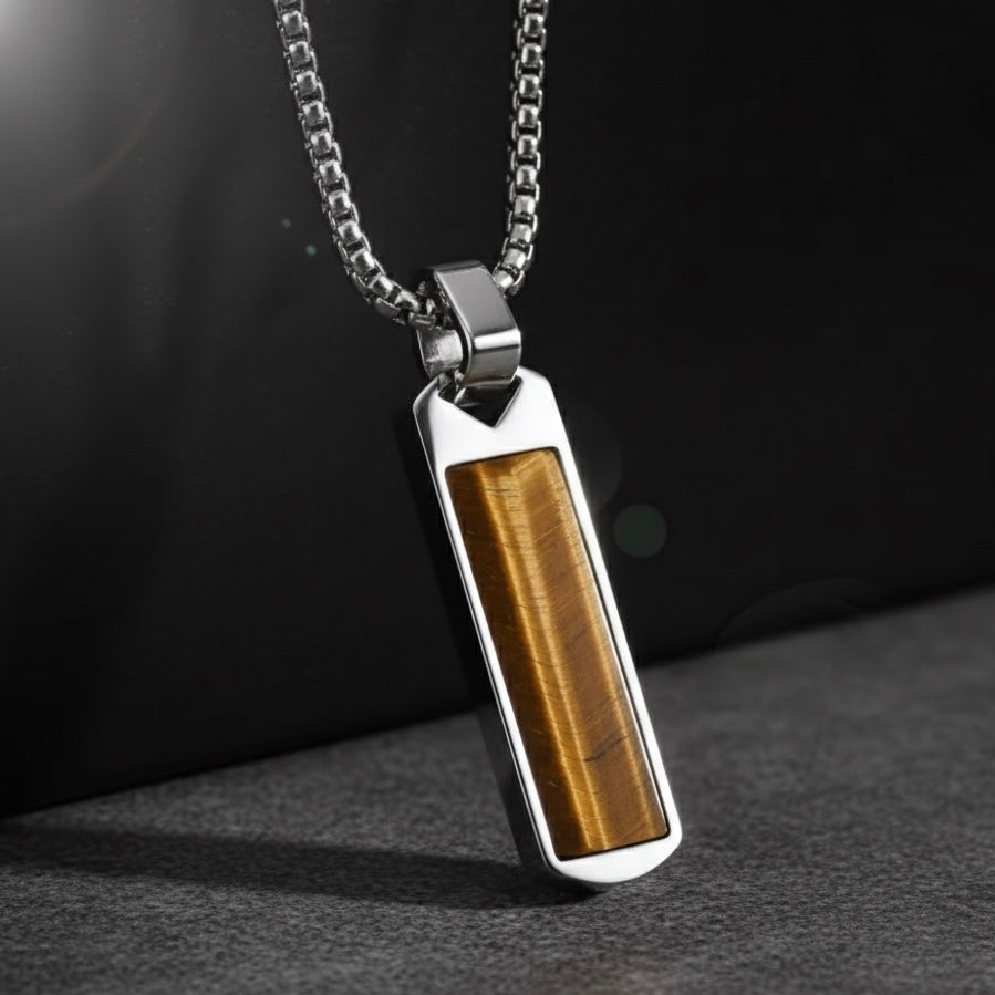 13216 Men’s Tiger’s Eye Rectangle Pendant Stainless Steel Necklace