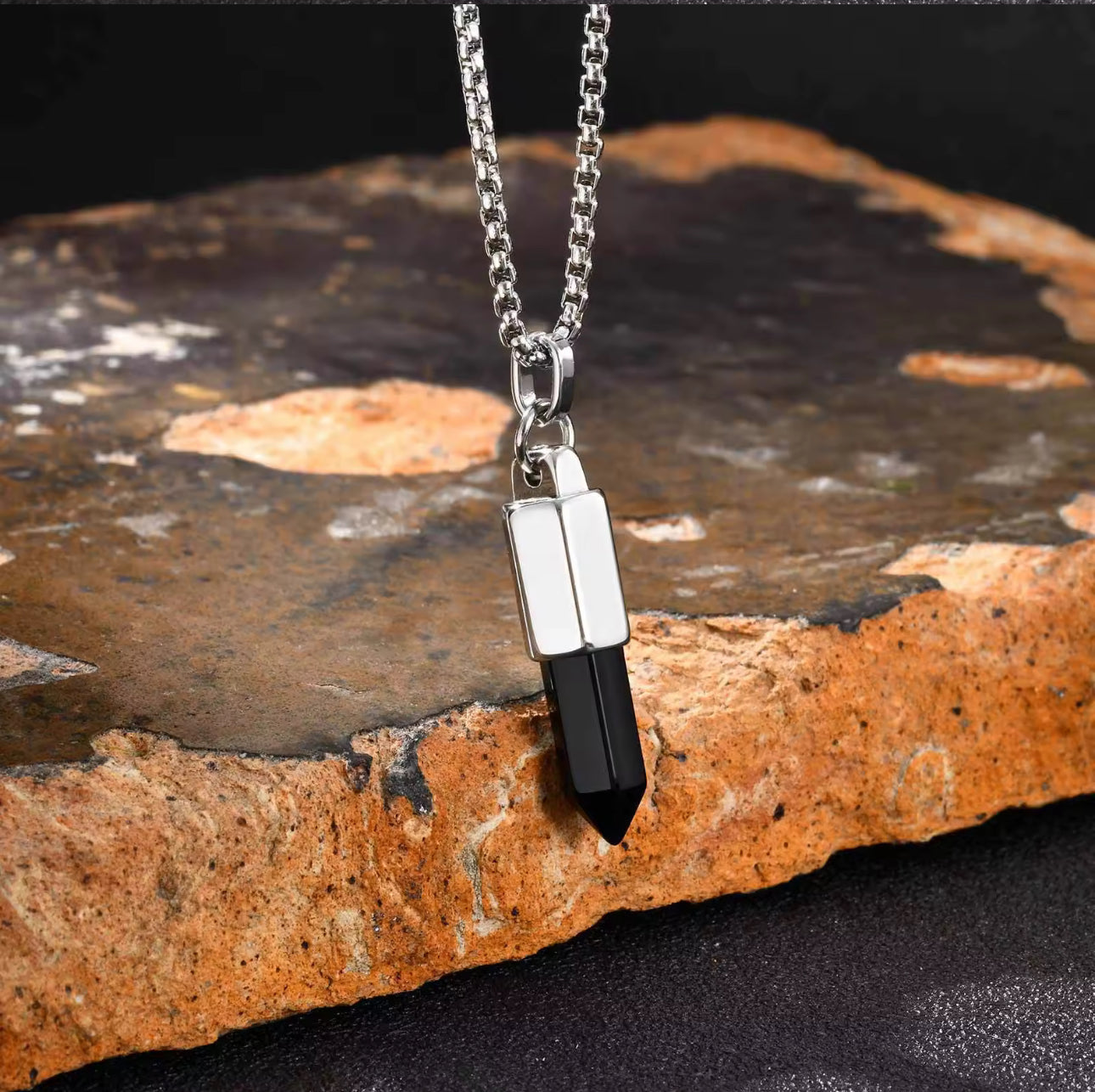 13217 Men’s Black Onyx Bullet Head Pendant Stainless Steel Necklace