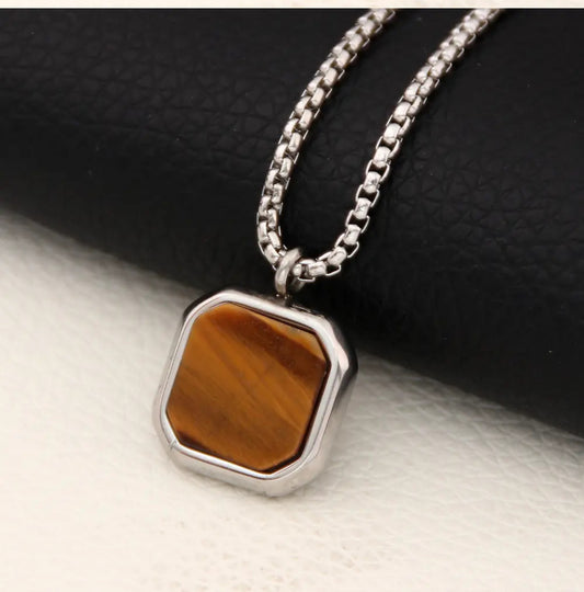 13204 Men’s Necklace Stainless Steel with Tiger's Eye Square Pendant