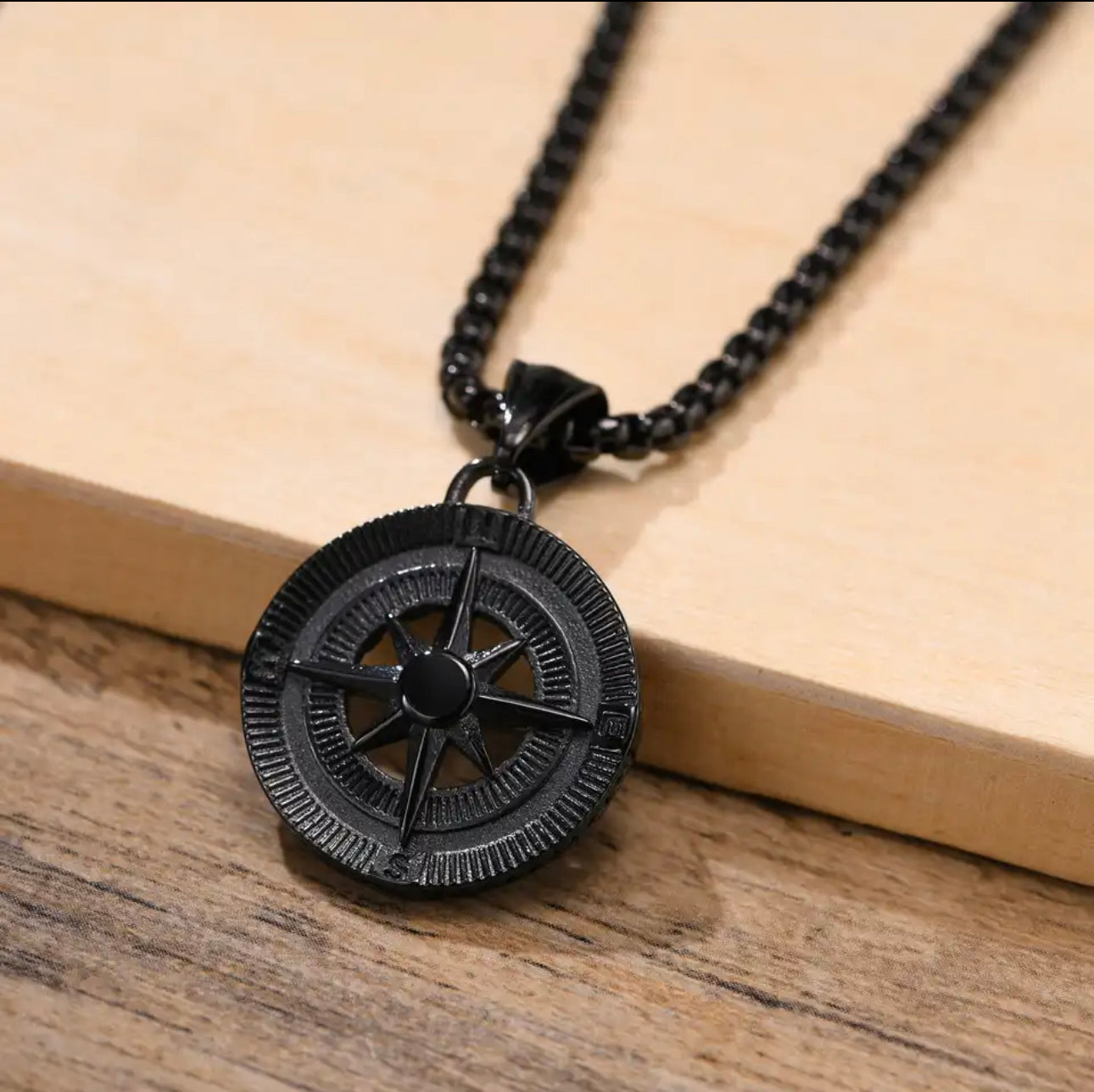 13208 Men’s Necklace Black Stainless Steel with Compass Pendant