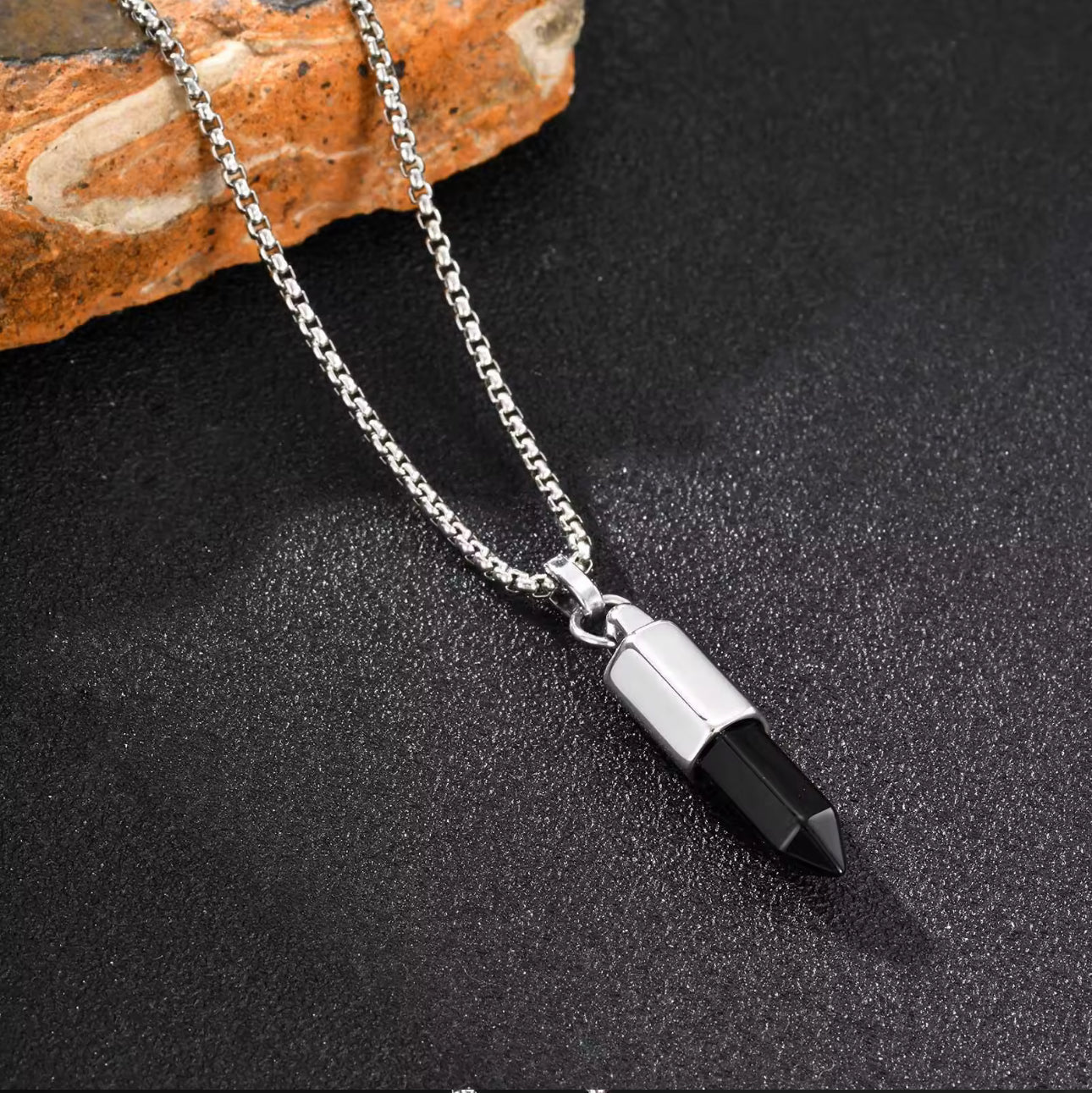 13217 Men’s Black Onyx Bullet Head Pendant Stainless Steel Necklace