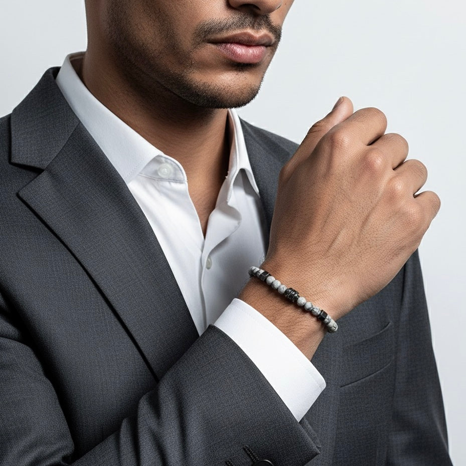 2011 Men’s Minimalist Matte Gray Landscape Jasper Beaded Bracelet