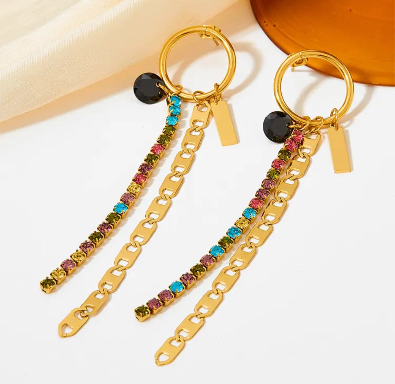 16158 Women’s Multi-Color Crystal Tassel Dangling Gold Plated Stainless Steel Earrings