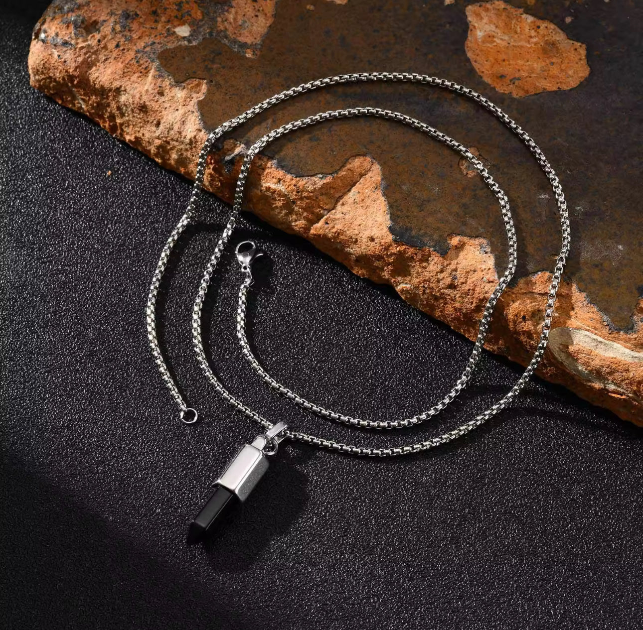 13217 Men’s Black Onyx Bullet Head Pendant Stainless Steel Necklace
