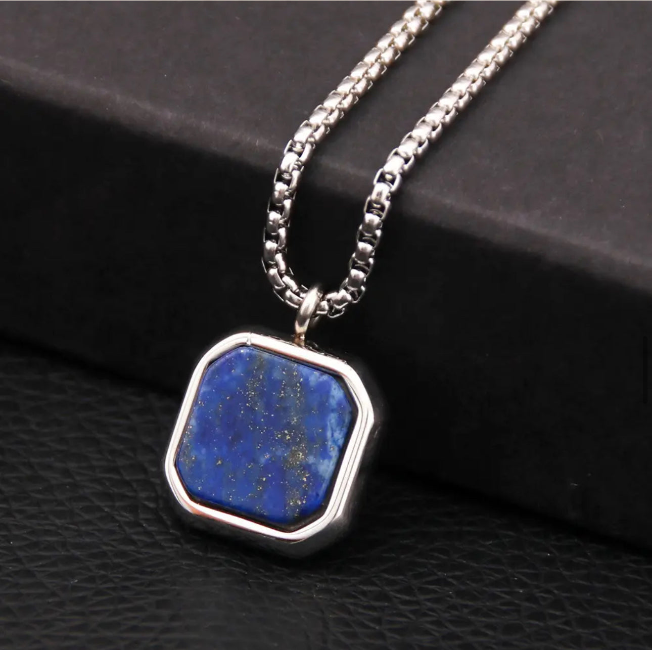 13204 Men’s Necklace Stainless Steel with Lapiz Lazuli Square Pendant