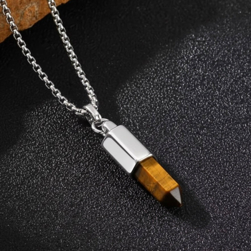 13217 Men’s Tiger’s Eye Bullet Head Pendant Stainless Steel Necklace