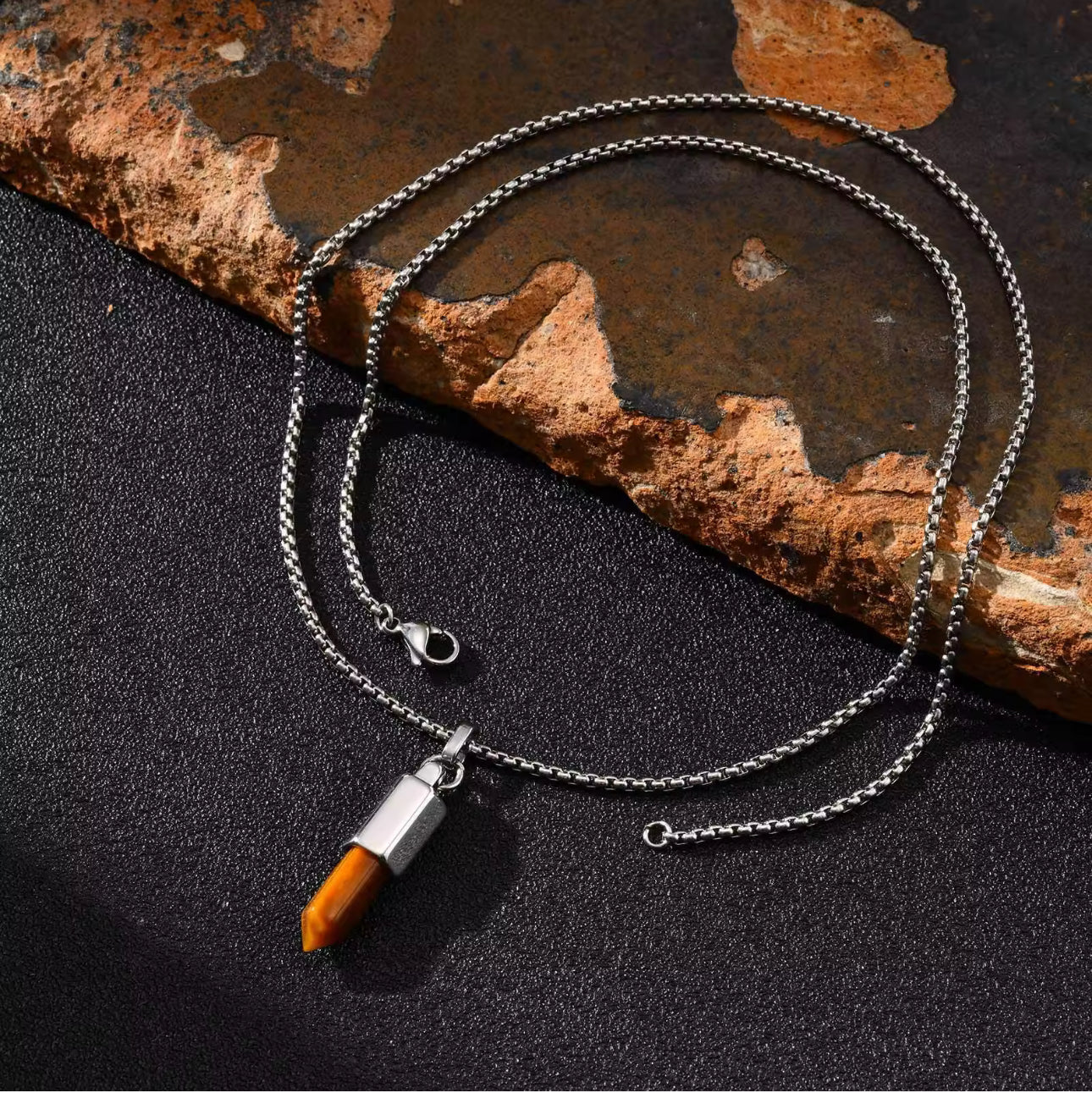 13217 Men’s Tiger’s Eye Bullet Head Pendant Stainless Steel Necklace