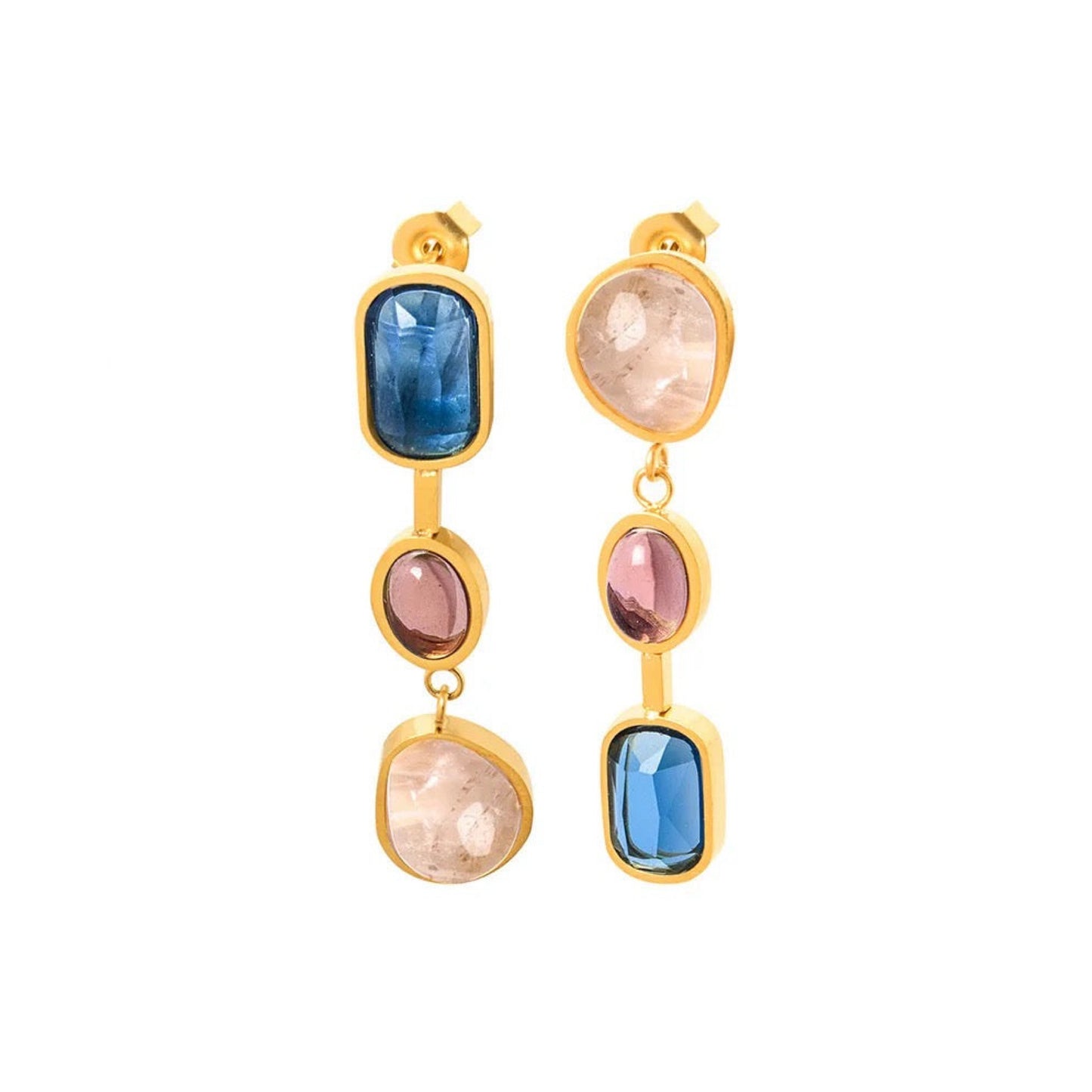 16157 Women’s Asymmetrical Gemstone Gold Plated Stainless Steel Dangling Earrings