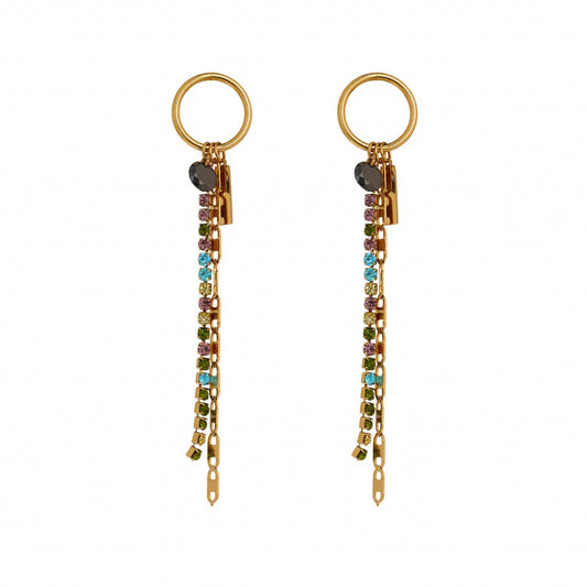 16158 Women’s Multi-Color Crystal Tassel Dangling Gold Plated Stainless Steel Earrings