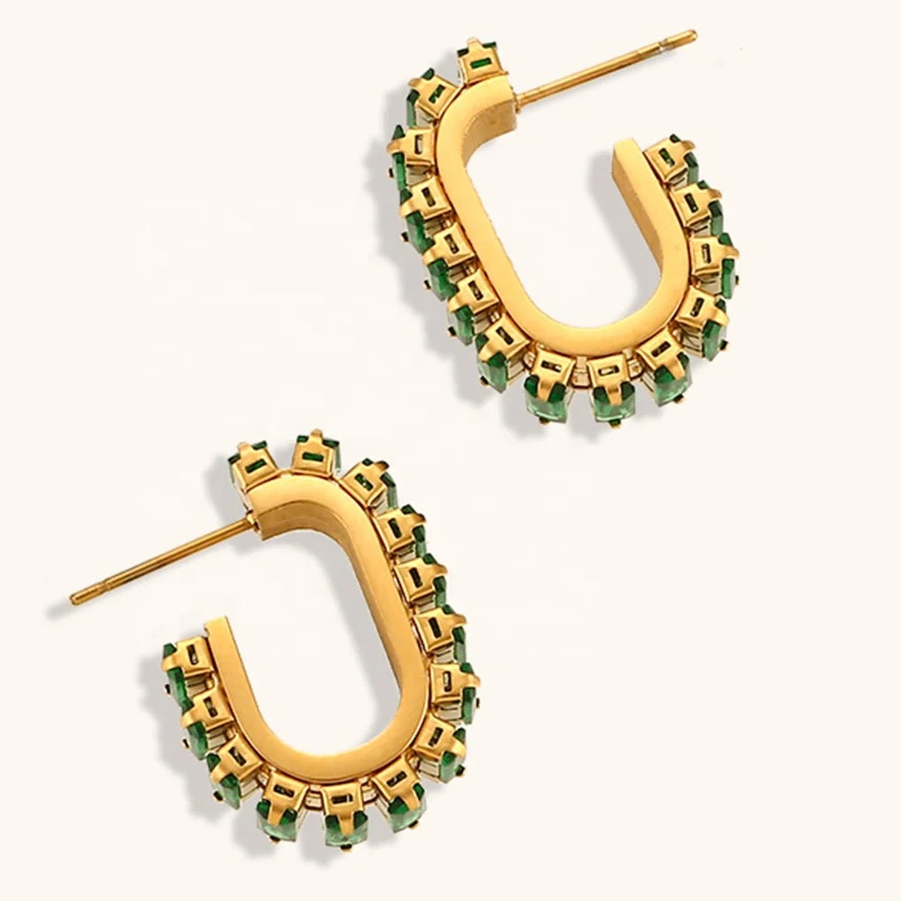 16154 Women’s Micro Pave Green CZ Gold Plated Stainless Steel Hoops Earrings