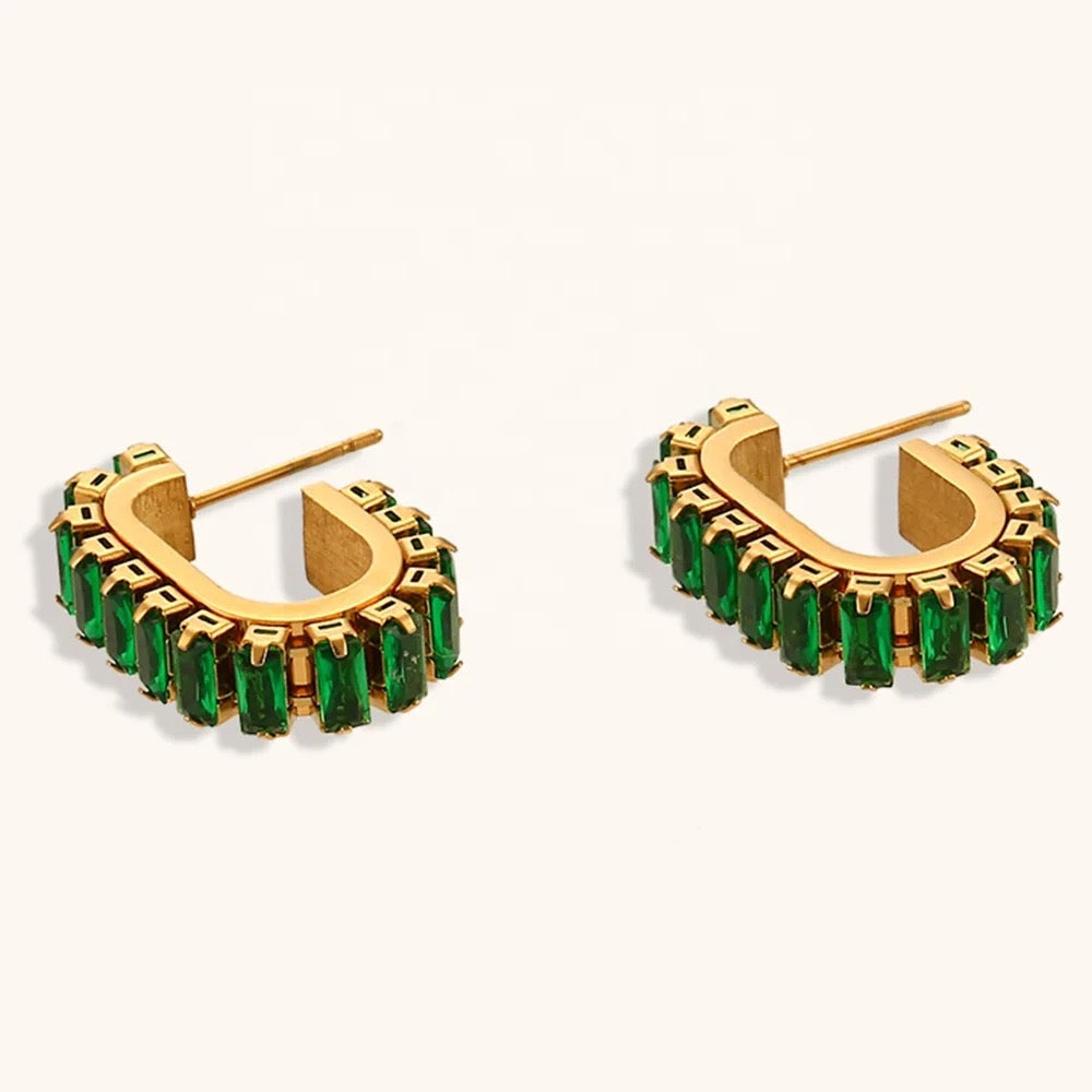 16154 Women’s Micro Pave Green CZ Gold Plated Stainless Steel Hoops Earrings