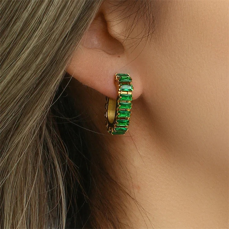 16154 Women’s Micro Pave Green CZ Gold Plated Stainless Steel Hoops Earrings