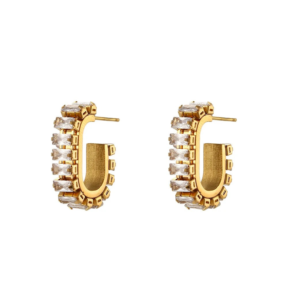 16154 Women’s Micro Pave Clear CZ Gold Plated Stainless Steel Hoops Earrings