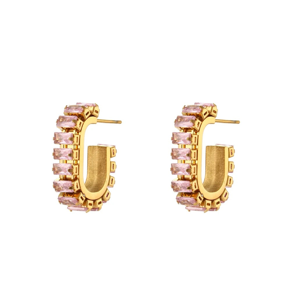 16154 Women’s Micro Pave Pink CZ Gold Plated Stainless Steel Hoops Earrings