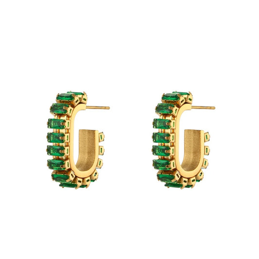 16154 Women’s Micro Pave Green CZ Gold Plated Stainless Steel Hoops Earrings