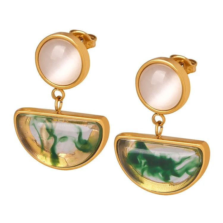 16159 Women’s Opal with Natural Resin Gold Plated Stainless Steel Dangling Earrings