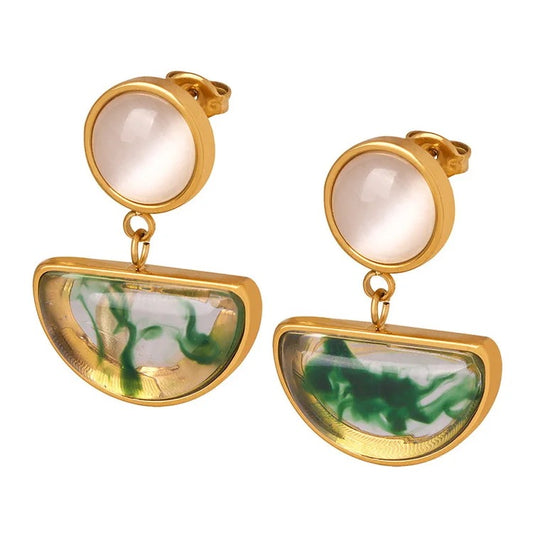 16159 Women’s Opal with Natural Resin Gold Plated Stainless Steel Dangling Earrings