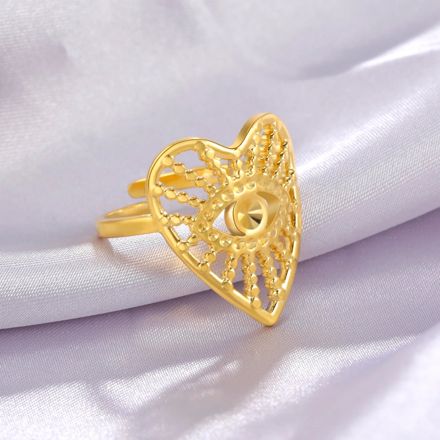 19112 Women’s Adjustable Stainless Steel Gold Evil Eye Heart Ring