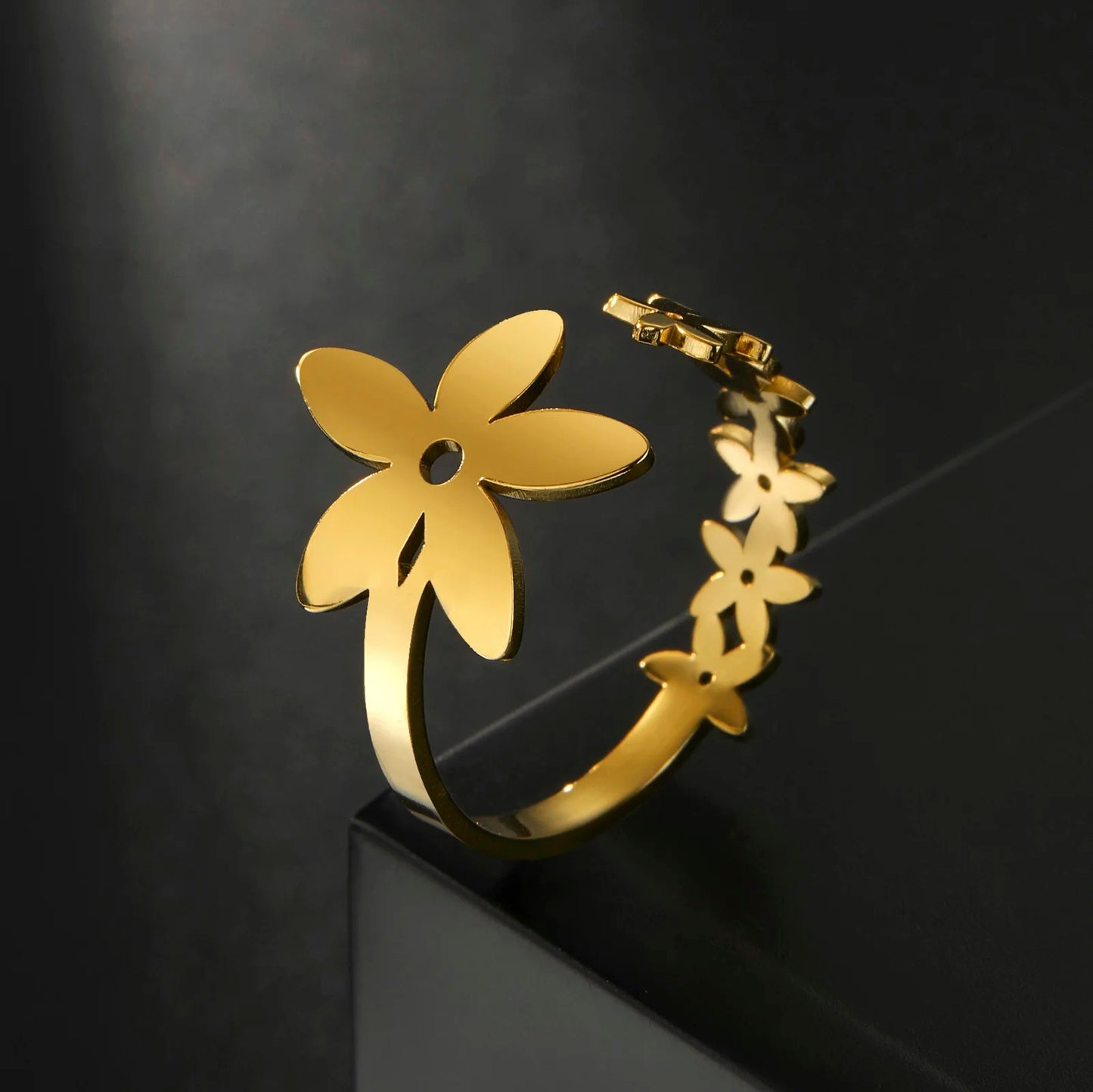 19113 Women’s Adjustable Stainless Steel Gold Flower Ring