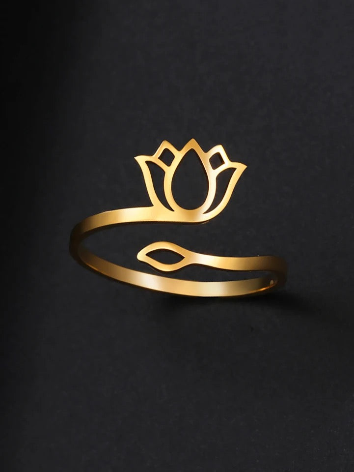 19114 Women’s Adjustable Stainless Steel Gold Lotus Flower Ring