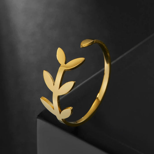 19115 Women’s Adjustable Stainless Steel Gold Olive Leaves Ring