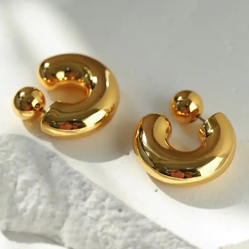 16170 Women’s C Shape Chunky Round Gold Plated Stainless Steel Earrings