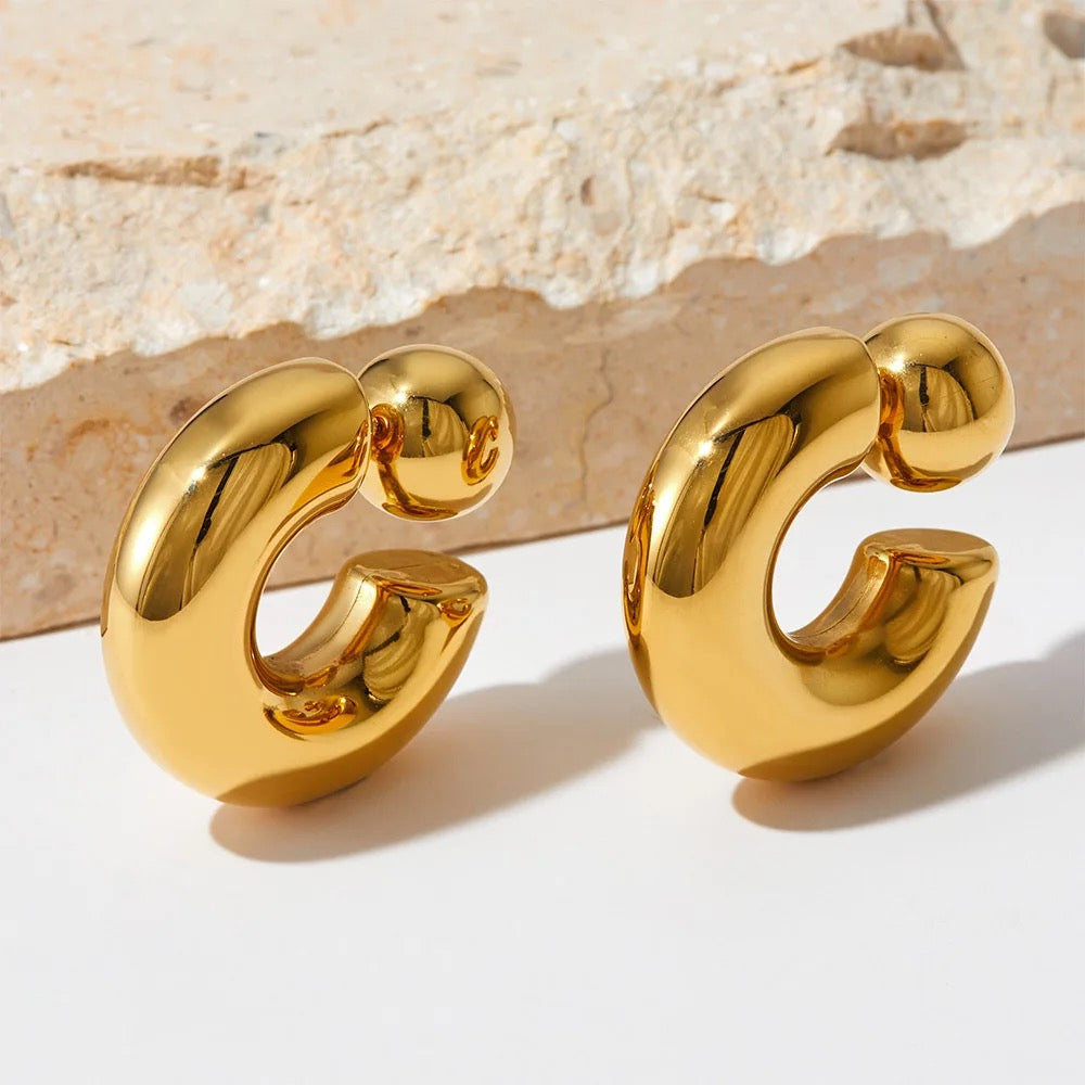 16170 Women’s C Shape Chunky Round Gold Plated Stainless Steel Earrings