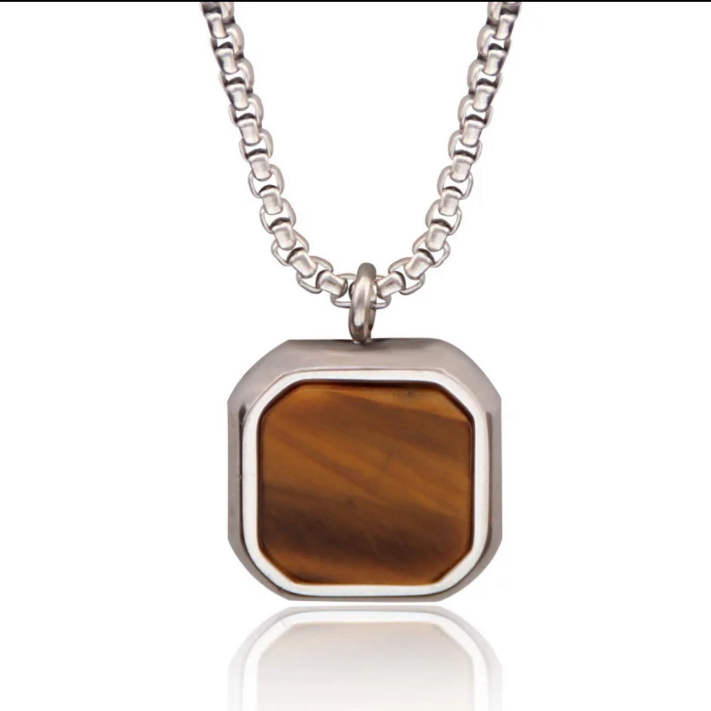 13204 Men’s Necklace Stainless Steel with Tiger's Eye Square Pendant