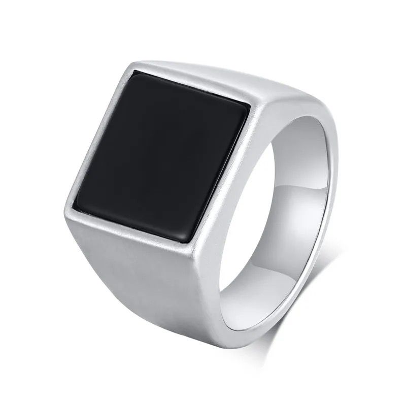 17111 Men's Square Signet Ring Matte Stainless Steel with Black Enamel Inlay