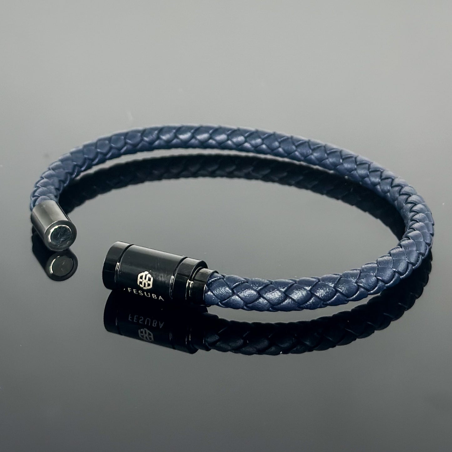 4027 Men’s Dark Blue Plaited Leather Bracelet with Black Magnetic Clasp