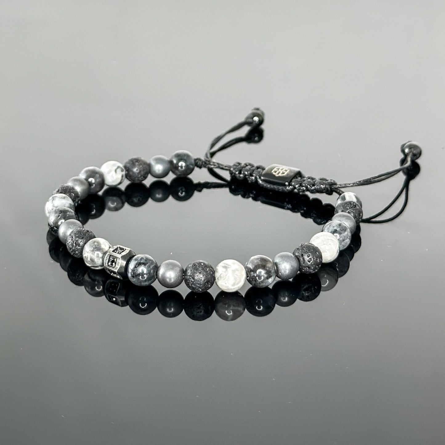 2203 Men's Mixed Stones Bracelet with Larvikite, Gray Landscape Jasper, Lava Stone and Matte Hematite