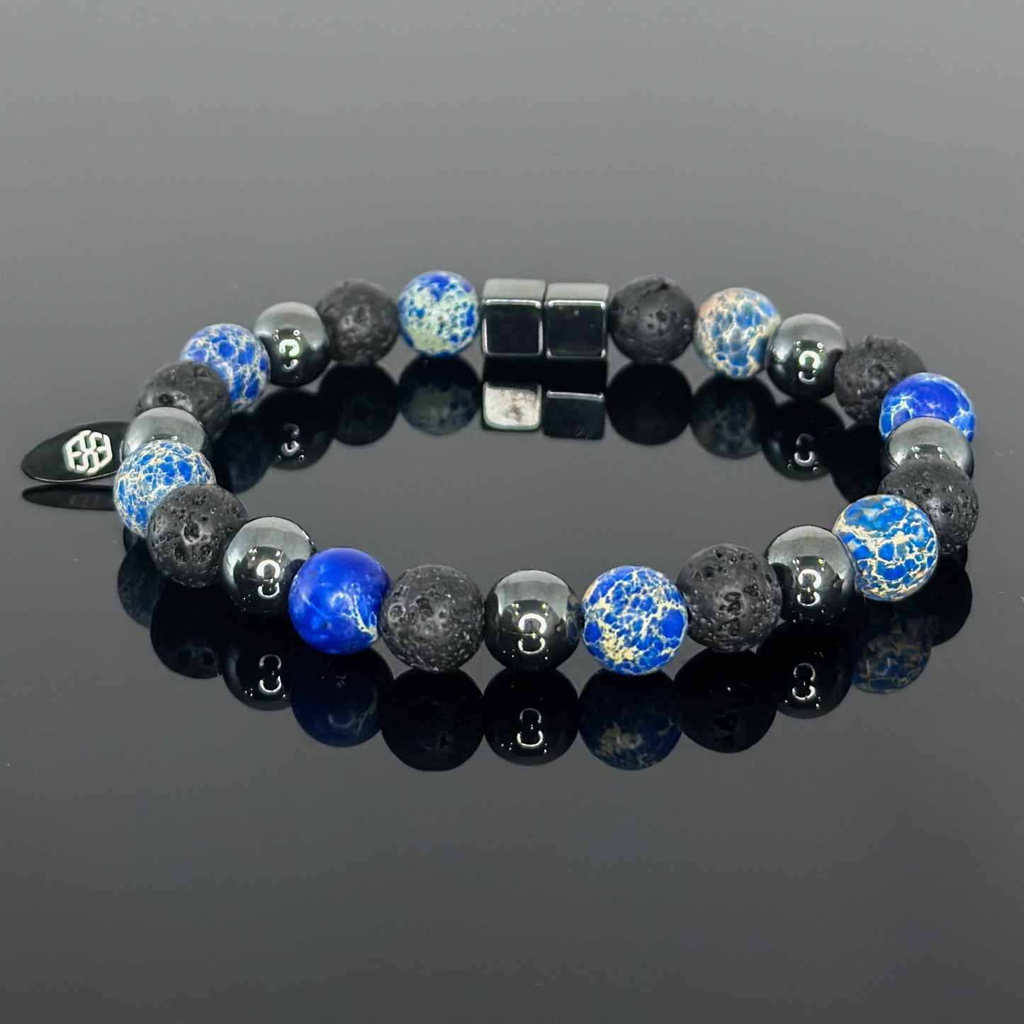 2140 Men's Trio Wristband with Deep Blue Sediment Imperial Jasper, Lava Stone and Hematite