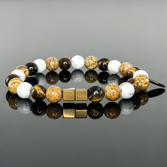 2145 Men's Trio Wristband with White Howlite, Tiger's Eye and Picture Jasper