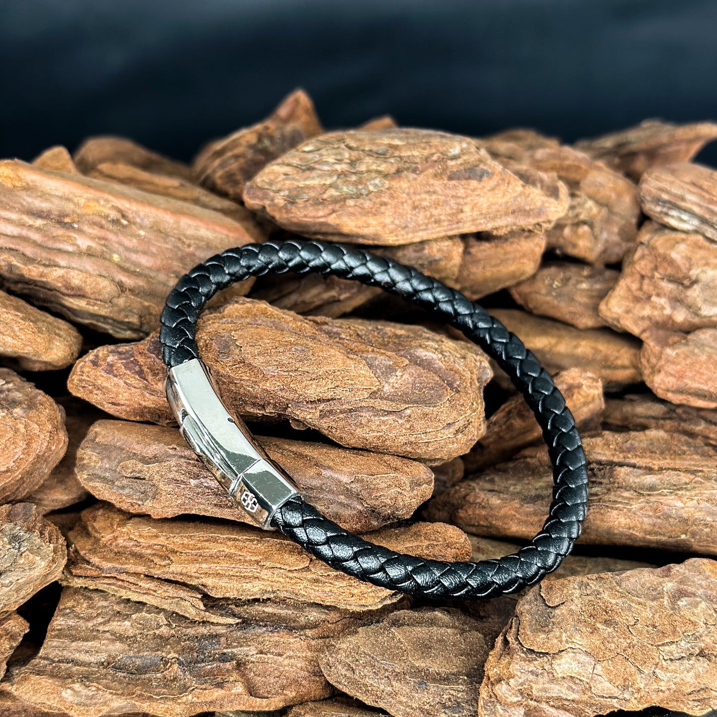 4002 Men’s Plait Round Black Leather Bracelet with Stainless Steel Clasp