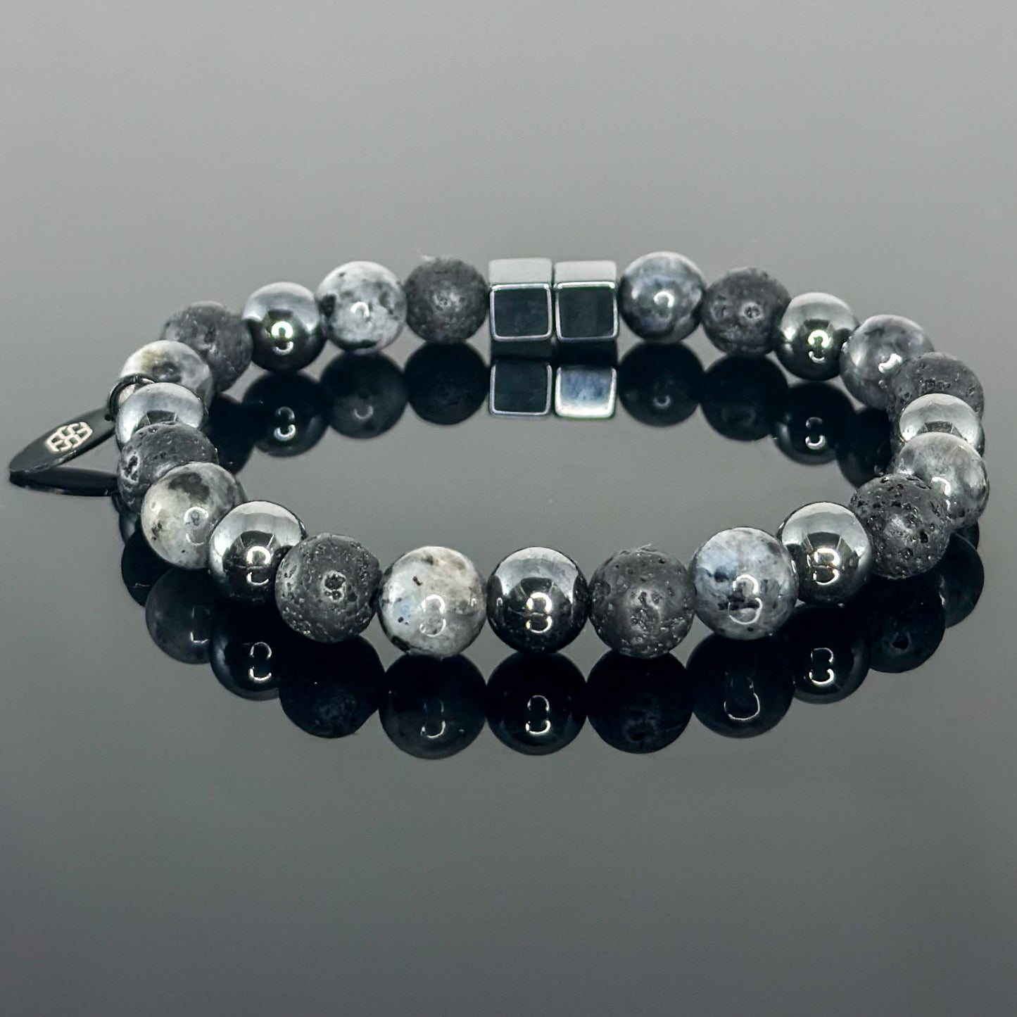 2111 Men’s Trio Wristband with Larvikite, Hematite and Lava Stone