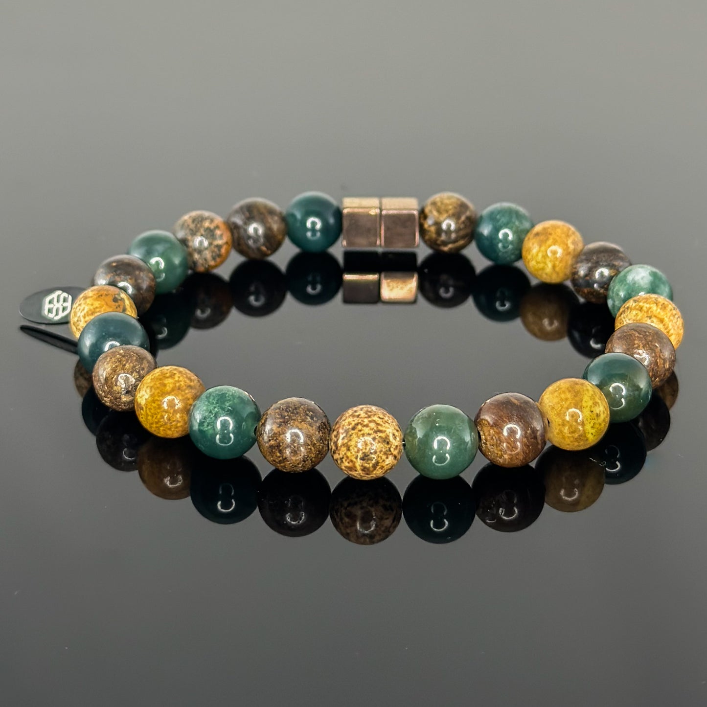 2147 Men's Trio Wristband with Moss Agate, Picture Jasper, and Bronzite