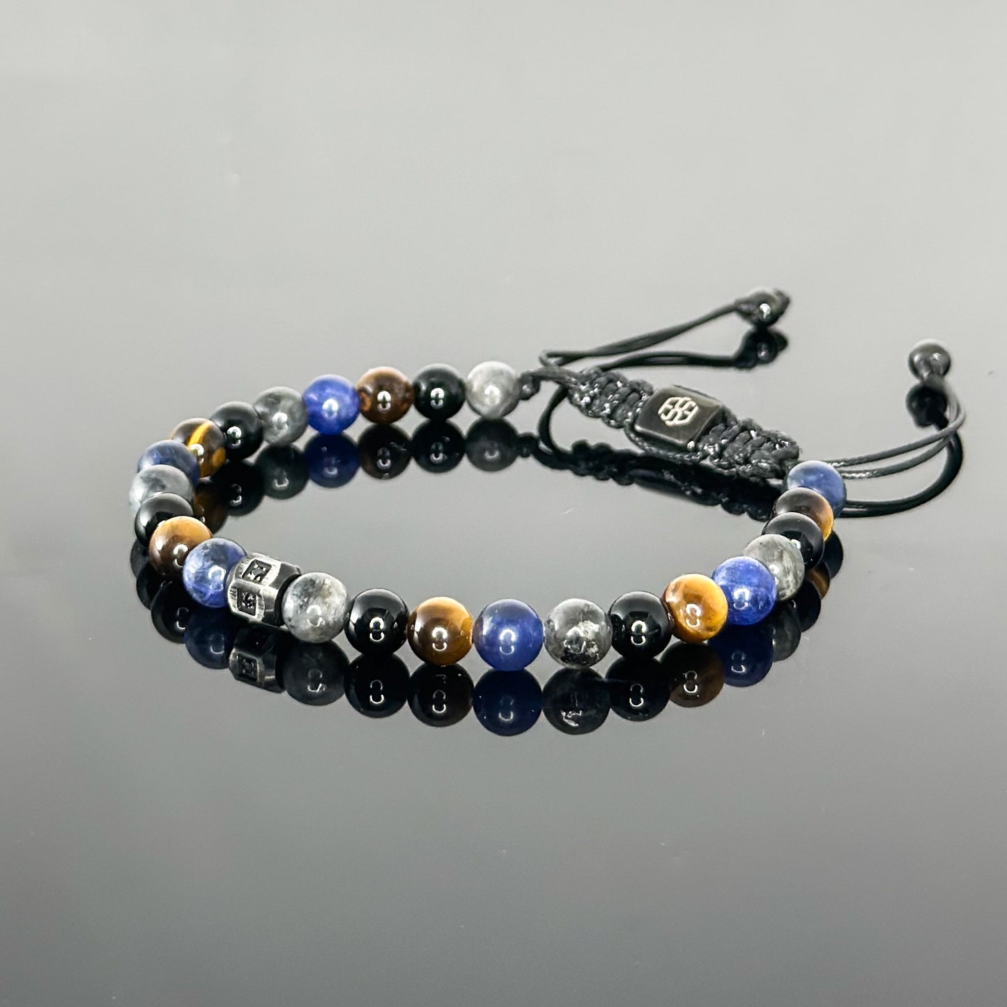 2205 Men's Mixed Stones Beaded Bracelet with Dark Blue Sodalite, Tiger's Eye, Black Onyx and Larvikite