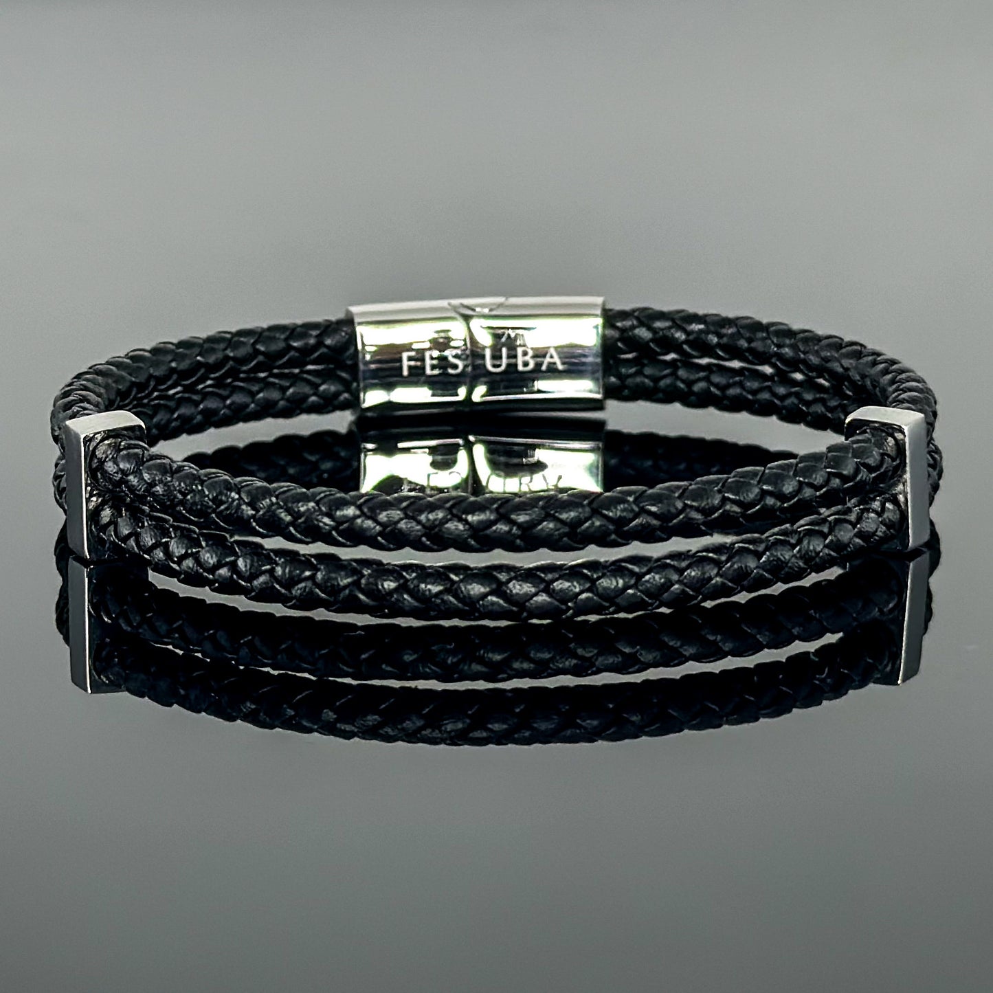 4029 Men’s Double Plait Black Slim Leather Bracelet