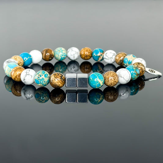 2120 Men’s Trio Wristband with Picture Jasper, Turquoise Sediment Imperial Jasper and White Howlite