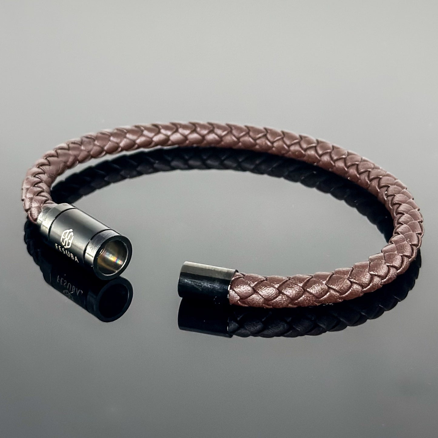 4027 Men’s Brown Plaited Leather Bracelet with Black Magnetic Clasp